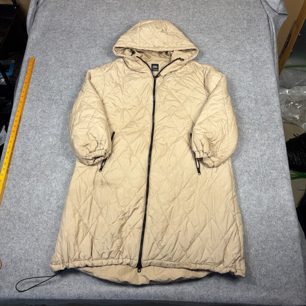 Zara Womens Tan Quilted Hooded Puffer Coat Longline Full Zip Beige Size Medium